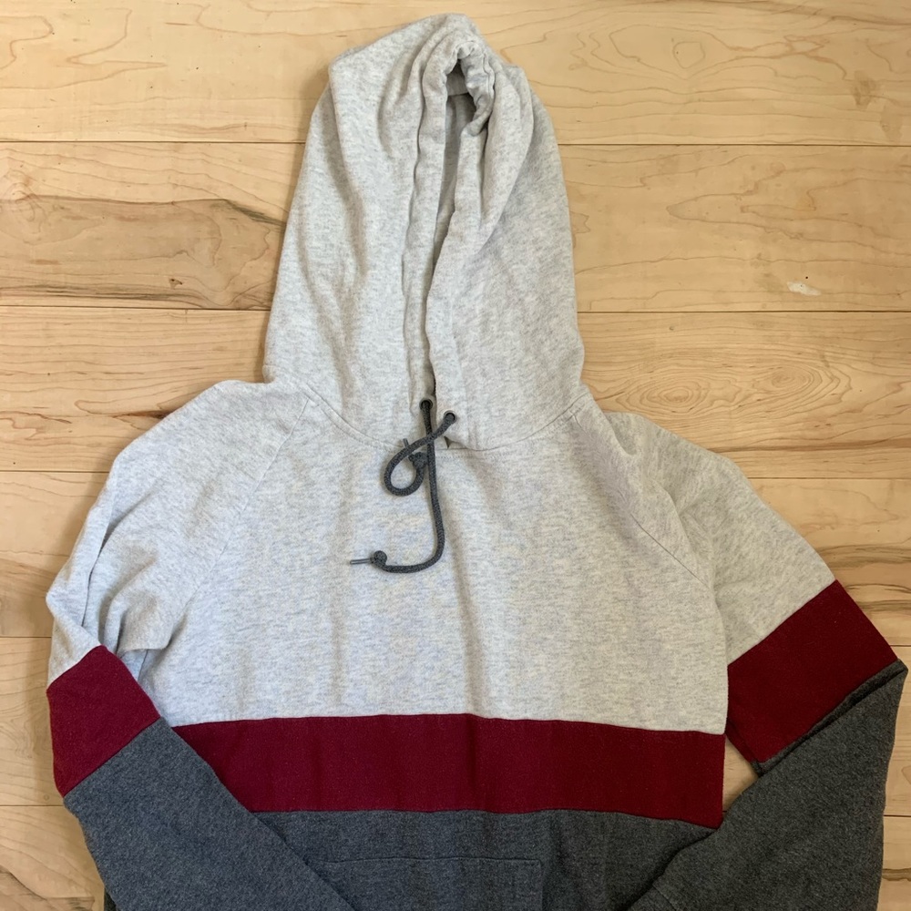 Light gray hoodie with maroon and dark gray